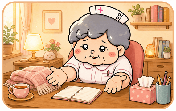 カンゴさんが疲れ切った相談者をやさしく迎える相談室のイラスト