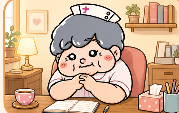 カンゴさんがデスクで身を乗り出して相談を聞いているイラスト