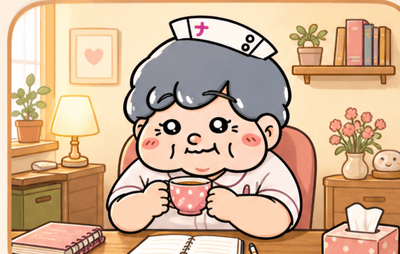 カンゴさんが相談室のデスクでお茶を用意して迎えているイラスト