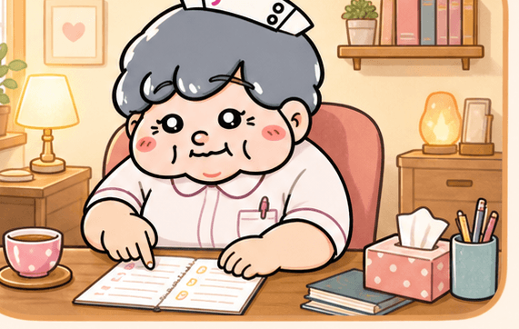 カンゴさんがデスクのメモを見ながら悩みを整理しているイラスト
