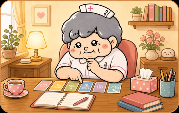 カンゴさんが働き方や転職の選択肢をカードで整理するイラスト