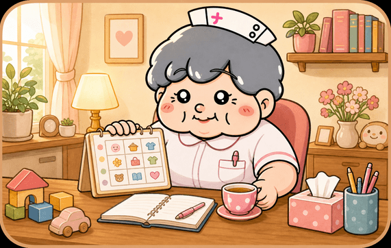カンゴさんが育児や家庭との両立を相談室で整理するイラスト