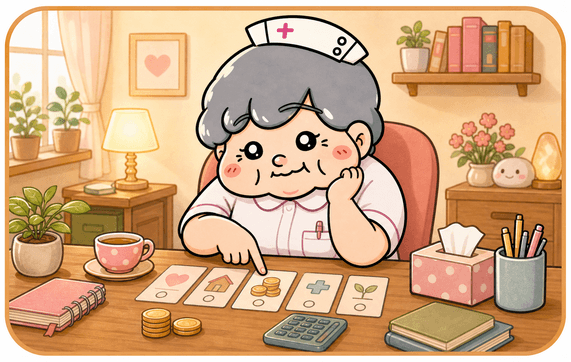 カンゴさんが給与や待遇の悩みをやさしく整理するイラスト