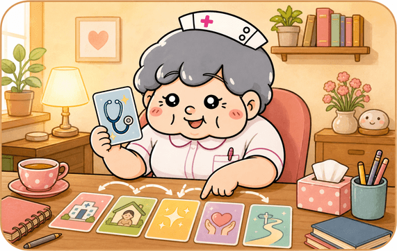 カンゴさんが診療科や職場変更の選択肢を示すイラスト